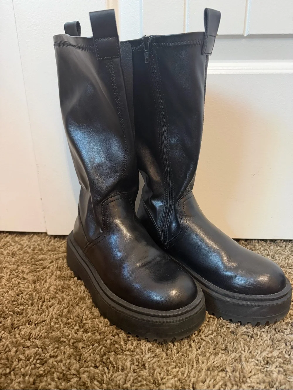 Girls Black Leather Platform Boots